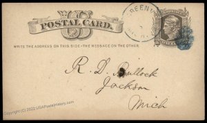 USA 1870s GREENVILLE Michigan Blue Cancel Postal Card Cover 96313