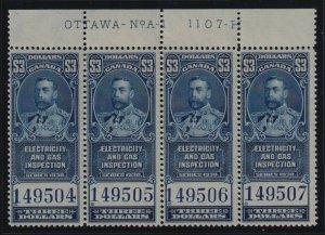 Canada VD #FEG10 (1930) $3 blue King George V Electricity Revenue Plate Block NH 