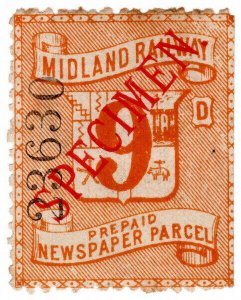 (I.B) Midland Railway : Prepaid Newspaper Parcel 9d (specimen)