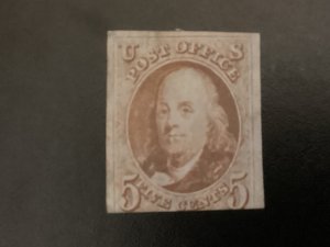 US #1  unused stamp no gum fresh color 3 margins CAt. $2,100.00