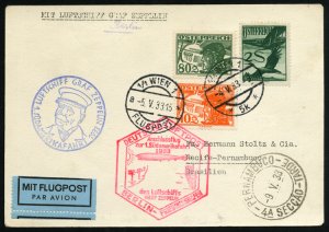 Austria, Zeppelin Flights, 1st SAF card to Brazil, v.f., with Berlin connecti...