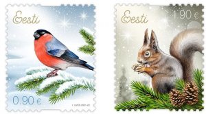 Estonia 2021 Christmas Bullfinch and squirrel bird set of 2 stamps MNH