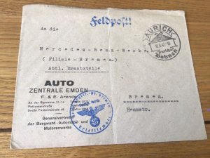 Germany 1942 Aurich to Bremen Mercedes Benz Field post  post cover A17532