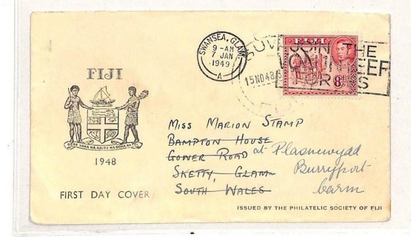 FIJI First Day Cover 1949 KGVI 8d Arms FDC Forwarded Swansea {samwells}W230