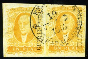 Mexico #2, 1856 1r yellow, Guadalajara, horizontal pair, used, huge margins