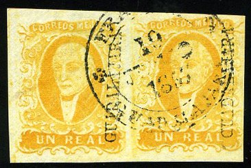 Mexico #2, 1856 1r yellow, Guadalajara, horizontal pair, used, huge margins