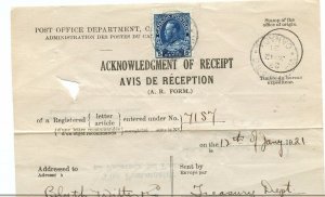 5c  Admiral AR registration to United States 1921 FORM Cover Canada