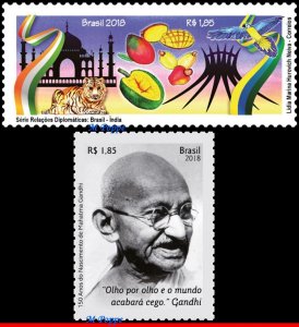 3379-3380 BRAZIL 2018 DIPLOM.REL. INDIA, ARCHITECTURE, MAHATMA GANDHI, BIRDS MNH