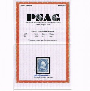 GENUINE SCOTT 63 F-VF USED PSAG CERT 1861 BLUE WITH A VERY LIGHT CANCEL #14105