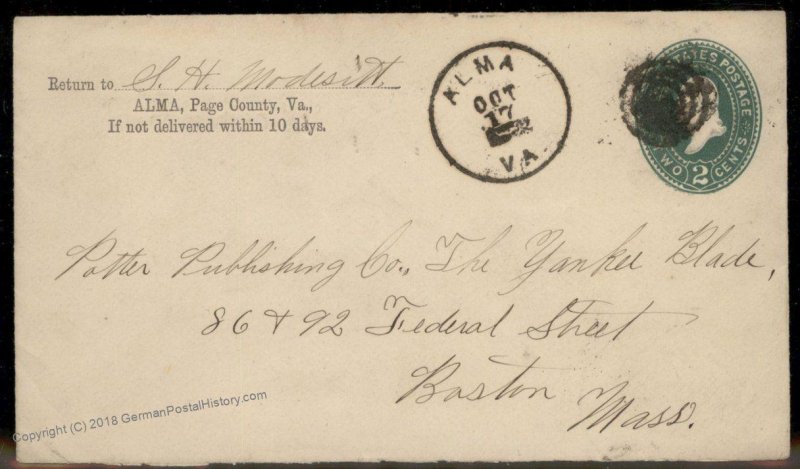 Virginia 1892 Alma VA DPO Cancel Helbock R5 Cover Luray Boston MA 92465