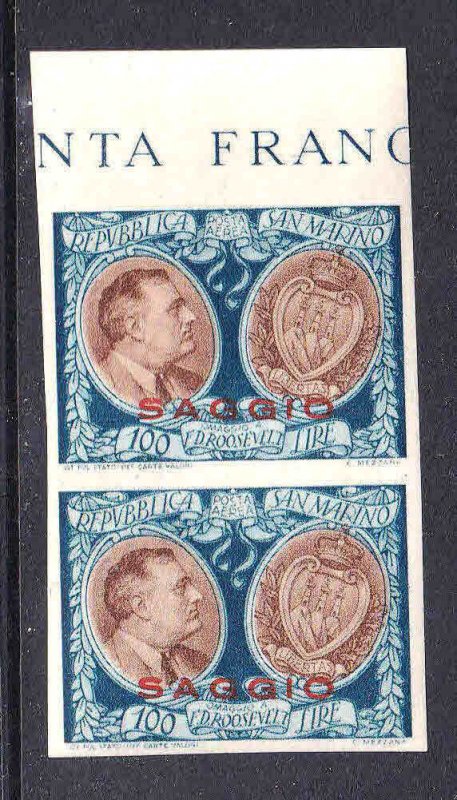 SAN MARINO C51G IMPERF PAIR €200 OG LH L/M SAGGIO OVERPRINTS (SPECIMEN) 