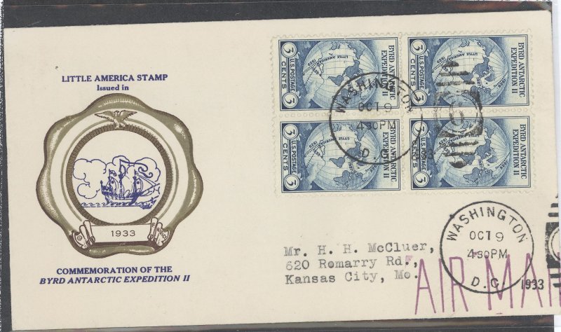 US 733 1933 3c Byrd's second Antartic Expedition bl of 4 on an addressed FDC with a Rice cachet