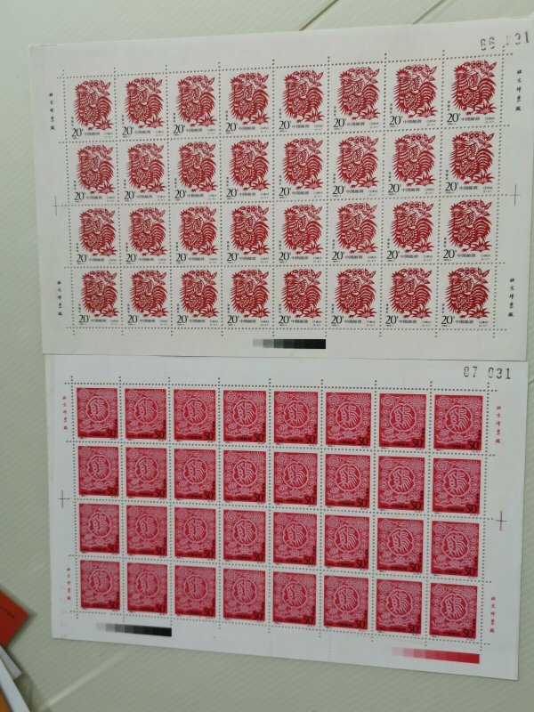 CHINA 1993-1  YEAR OF THE ROOSTER 2V FULL SHEET STAMP IN EXCELLENT COLLECTION