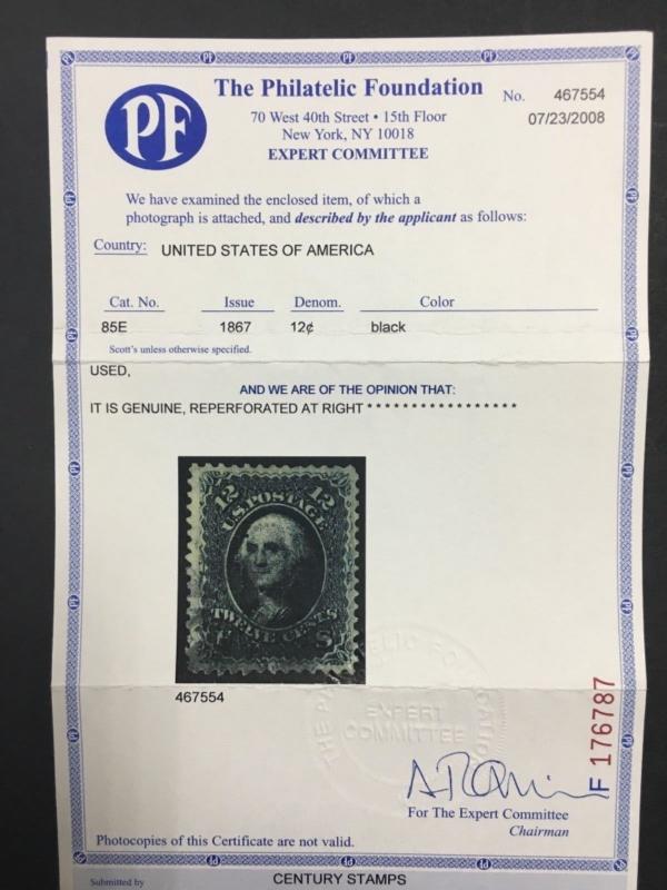 MOMEN: US STAMPS #85E USED PF CERTIFICATE