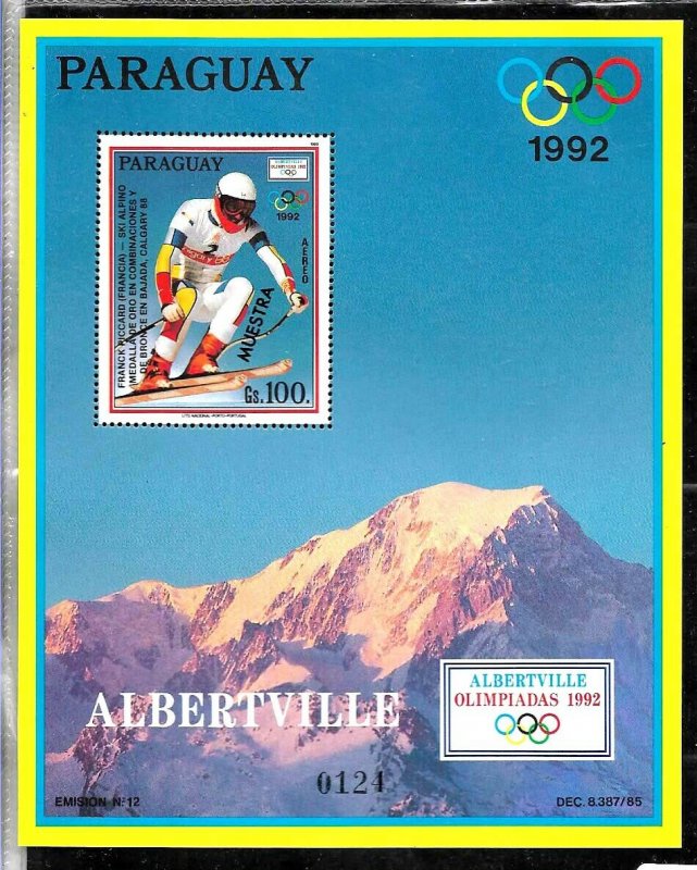 PARAGUAY 1990 OLYMPIC ALBERTVILLE SPECIMEN MUESTRA VARIETY S/SHEET Mi 469b MNH