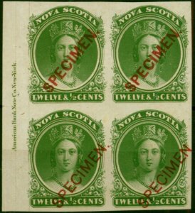 Nova Scotia 1860 12 1/2c Green  Proof Se-Tenant Imprint Block of 4 Unitrade #...