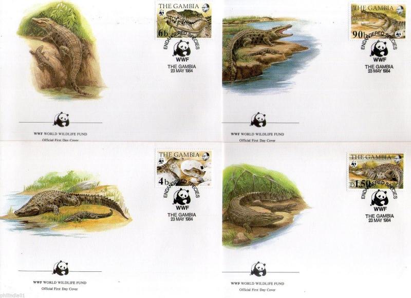 Gambia 1984 WWF Nile Crocodile Reptiles Wildlife Sc 516-18 Set of 4 FDCs