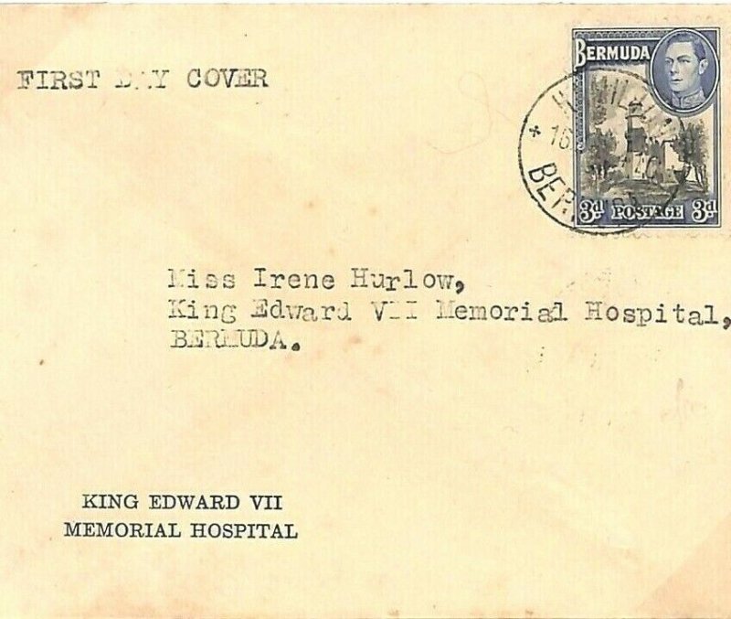 BERMUDA KVI FDC *King Edward VII Memorial Hospital*First Day Cover 1941 WW2 U130