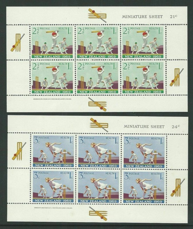 1969 NEW ZEALAND SG MS902: HEALTH STAMPS - CRICKET - 2 x M/S UNMOUNTED MINT