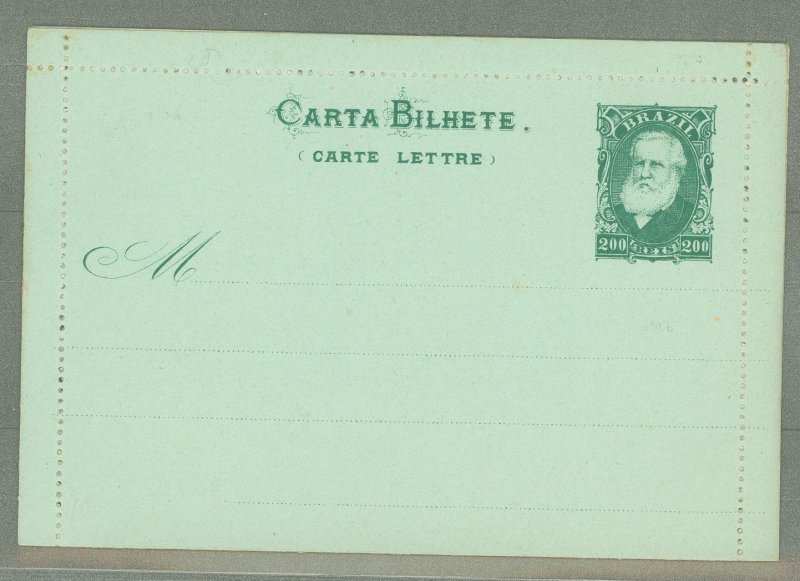 Brazil  1900 Postal Stationery, 200 Reis green on light green, edges not stuck