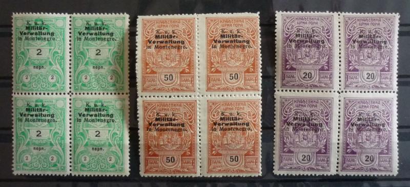 WWI AUSTRIA - MONTENEGRO -REVENUE STAMPS (MNH) - 3 BLOCKS OF 4 R! yugoslavia J11