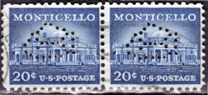 USA; 1956: Sc. # 1047:  Used Se-Tenant Single Stamps W/Perfins