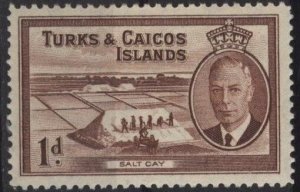 Turks & Caicos 106 (mlh) 1p Salt Cay, choc (1950)