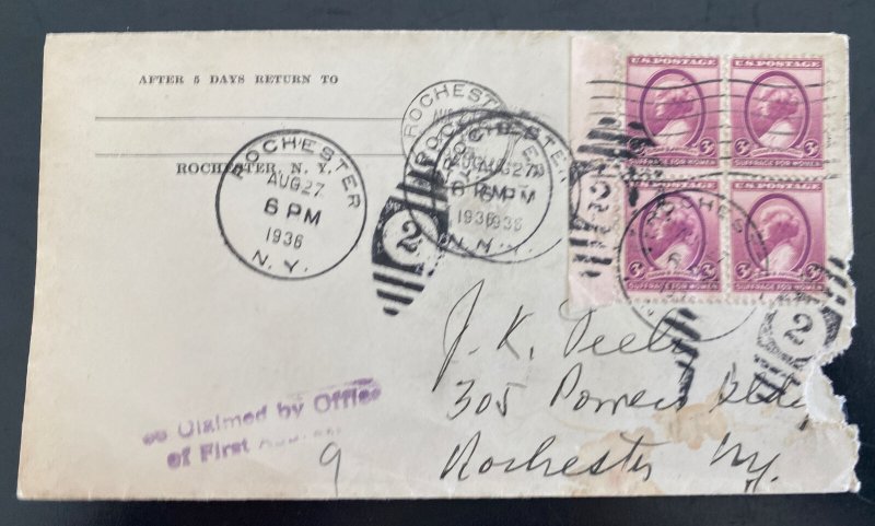 1936 Rochester NY USA Cover Locally Used Suffrage For Women Stamp