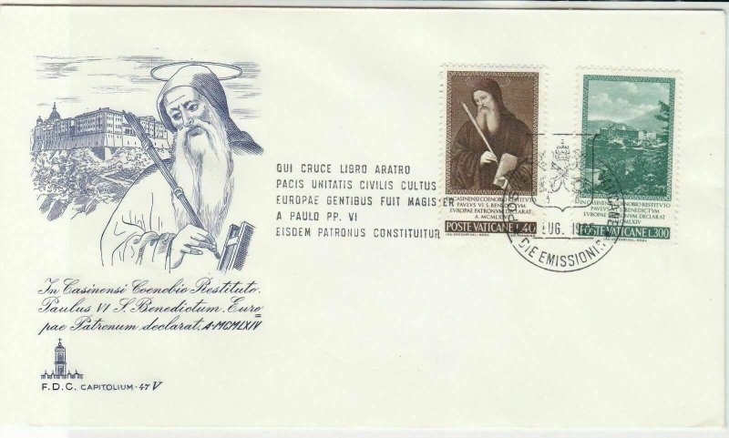 Vatican 1965 Crest cancel Monk Benedictus Pic Stamps FDC Cover Ref 29521