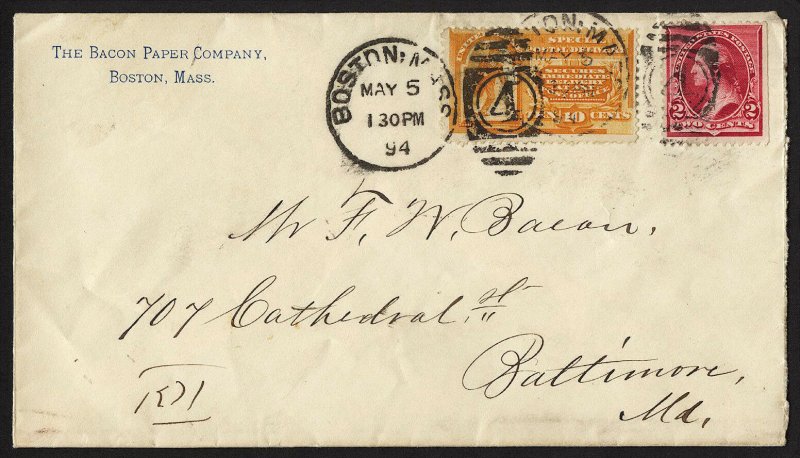 E34 U.S. Scott #E3 orange Special Delivery cover May 5, 1894. SCV = $200