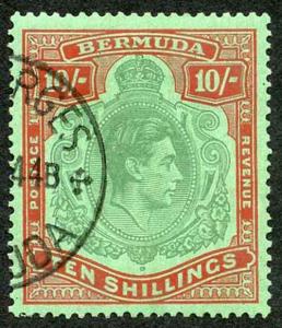 Bermuda SG119a KGVI 10/- Bluish Green and Deep Red/green Perf 14