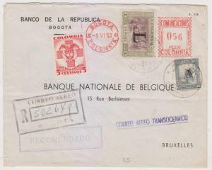 COLOMBIA 1953 R-AIR COVER BOGOTA-BRUXELLES VIA NEW YORK RATED 1.60P F,VF