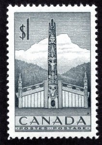 Scott 321, $1 grey, VF/XF, MNHOG, Totem Pole, 1953, Canada Postage Stamp