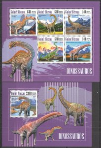 HM0795 2018 GUINEA-BISSAU DINOSAURS PREHISTORIC ANIMALS #10179-3+BL1752 MNH