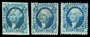 Scott R5a, R5b, R5c 2c Blue Bank Check Used F-VF Cat $7.50