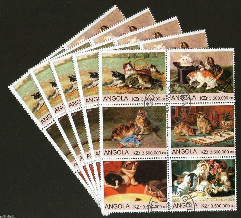 Angola 2000 Domestic Cats Animals Wild Life Setenant BLK/6 Cancelled x5 # 13501