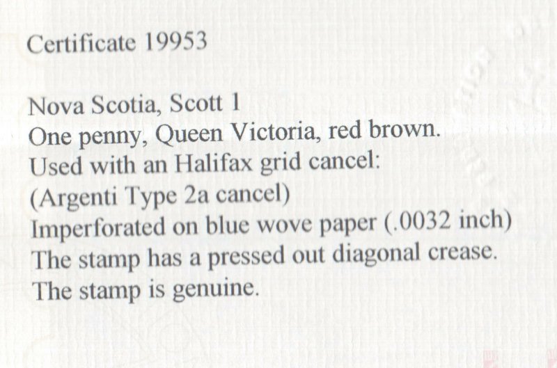 Nova Scotia #1 Extra Fine Used With Halifax H Cancel **With Certificate**