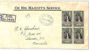 ST. LUCIA Cover 1935 3d BLOCK{4} Registered Official VERNON Canada WATERFALL CF2