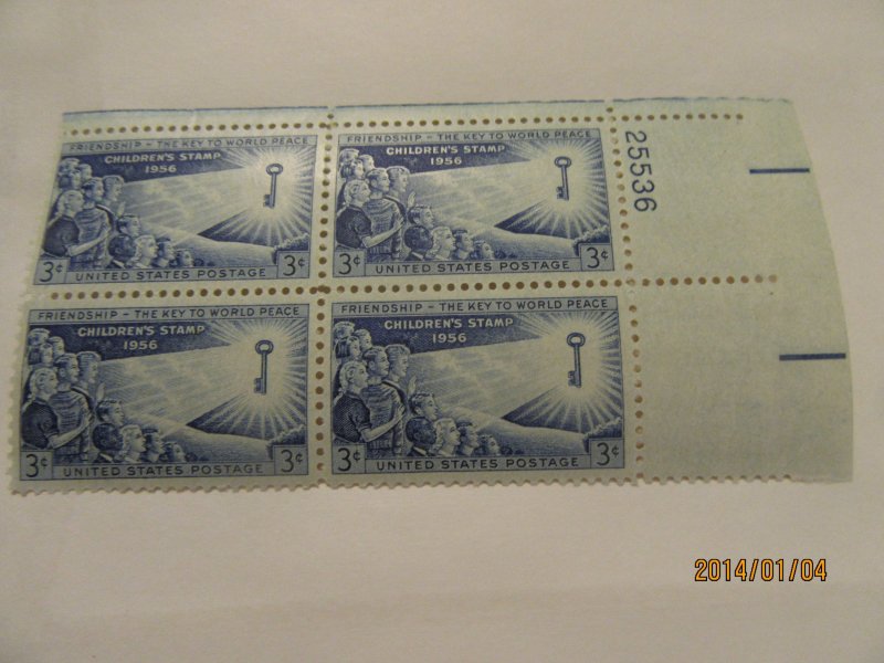 SCOTT  1085 3 CENT CHILDREN  PLATE BLOCK  1956 OG