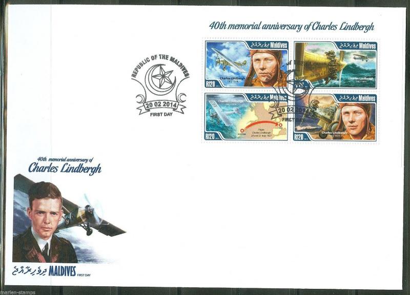 MALDIVE  ISLANDS 2014 40th MEMORIAL ANNIVERSARY OF CHARLES LINDBERGH SHEET FDC 