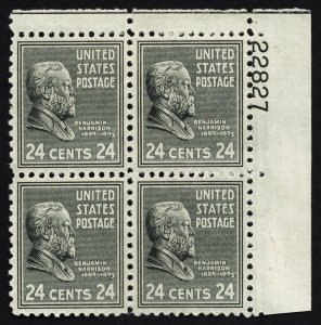 US 828 MNH VF/XF 24 Cent Benjamin Harrison Plate Block of 4 UR #22827