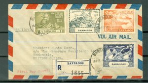 BARBADOS 1949 UPU SET #212-215 on FIRST DAY REGISTERED COVER TO BRITISH GUIANA