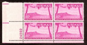 OAS-CNY 6264 AIR MAIL 1952 SCOTT C46 $.80 HAWAII DIAMOND HEAD PLATE BLOCK SUPERB