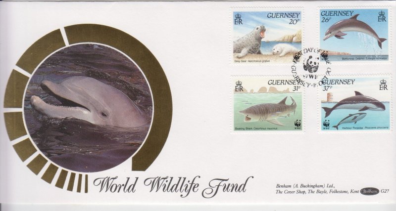 Guernsey - 1990 Marine Life,   Set of 4, on Benham Silk  FDC