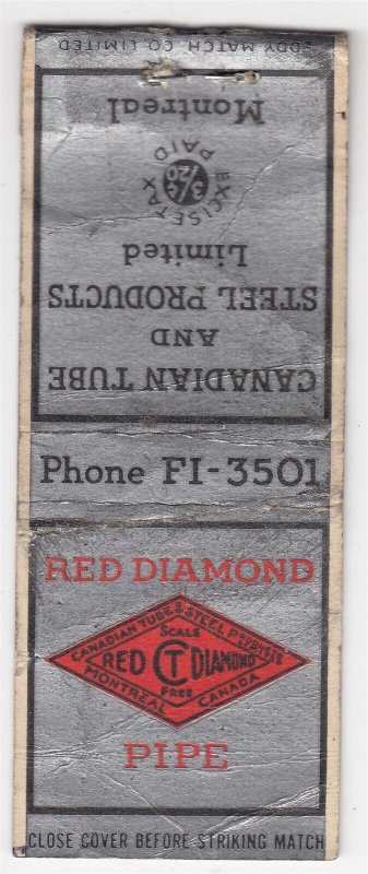 Canada Revenue 3/20¢ Excise Tax Matchbook RED DIAMOND PIPE Montreal