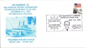 US SPECIAL EVENT CACHETED COVER STEAMER GOLDEN EAGLE SUNK 1947 EVANSVILLE 1982