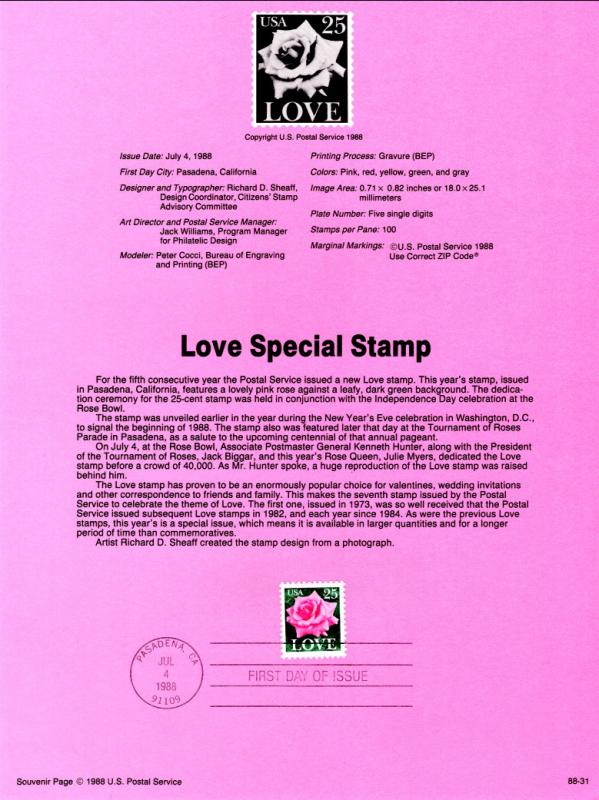 US SP831 Love Rose 2378 Souvenir Page FDC