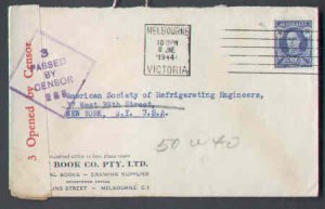 Australia cover-#7874 -3&1/2p KGVI on censored to USA-Melbourne 8 Jne 1944 -