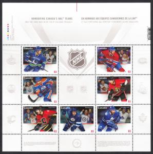 la. HOCKEY CANADIAN NHL Teams JERSEY MiniSheet of 7 EMBOSSED stamps Canada 2013