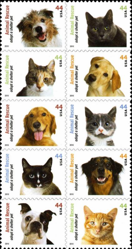 2010 44c Adopt a Shelter Pet, Block of 10 Scott 4451-60 Mint F/VF NH